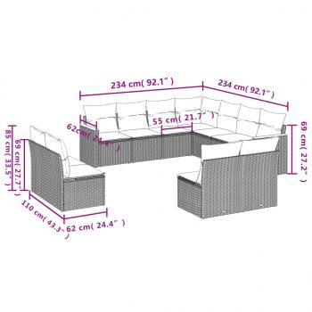 11-tlg. Garten-Sofagarnitur mit Kissen Beige Poly Rattan