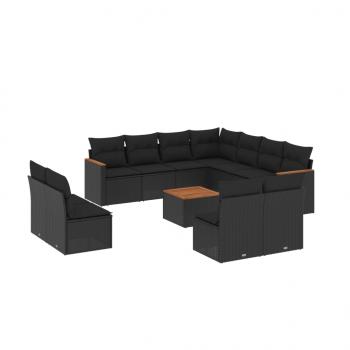 12-tlg. Garten-Sofagarnitur mit Kissen Schwarz Poly Rattan