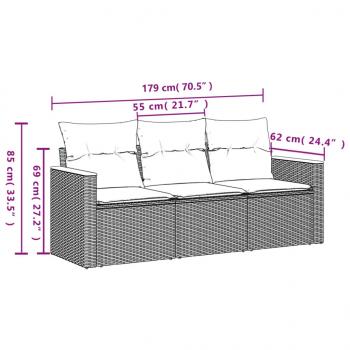 3-tlg. Garten-Sofagarnitur mit Kissen Grau Poly Rattan