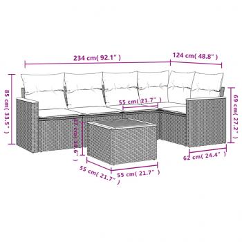 6-tlg. Garten-Sofagarnitur mit Kissen Schwarz Poly Rattan