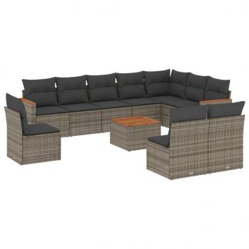 11-tlg. Garten-Sofagarnitur mit Kissen Grau Poly Rattan