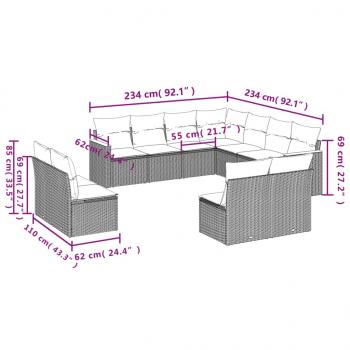 11-tlg. Garten-Sofagarnitur mit Kissen Grau Poly Rattan