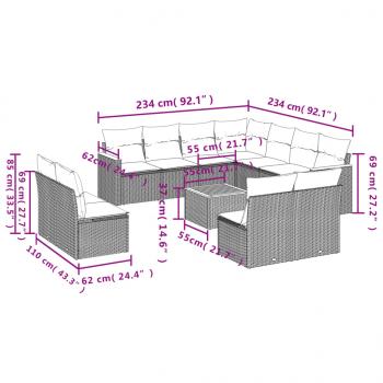 12-tlg. Garten-Sofagarnitur mit Kissen Grau Poly Rattan