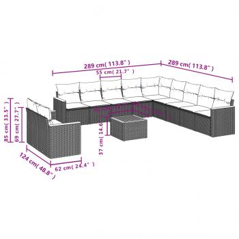 12-tlg. Garten-Sofagarnitur mit Kissen Schwarz Poly Rattan