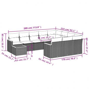 11-tlg. Garten-Sofagarnitur mit Kissen Schwarz Poly Rattan