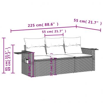 3-tlg. Garten-Sofagarnitur mit Kissen Schwarz Poly Rattan