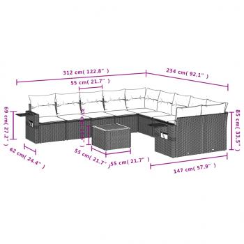 11-tlg. Garten-Sofagarnitur mit Kissen Grau Poly Rattan