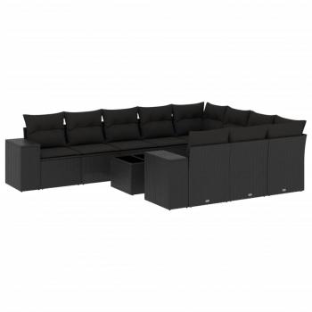 11-tlg. Garten-Sofagarnitur mit Kissen Schwarz Poly Rattan