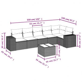 7-tlg. Garten-Sofagarnitur mit Kissen Grau Poly Rattan