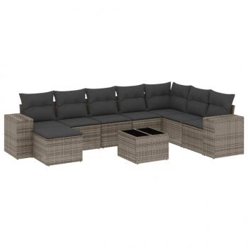 9-tlg. Garten-Sofagarnitur mit Kissen Grau Poly Rattan