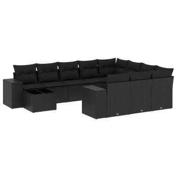 11-tlg. Garten-Sofagarnitur mit Kissen Schwarz Poly Rattan