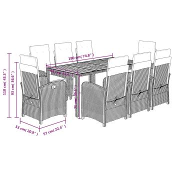 9-tlg. Garten-Essgruppe mit Kissen Grau Poly Rattan