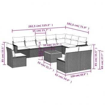 11-tlg. Garten-Sofagarnitur mit Kissen Grau Poly Rattan