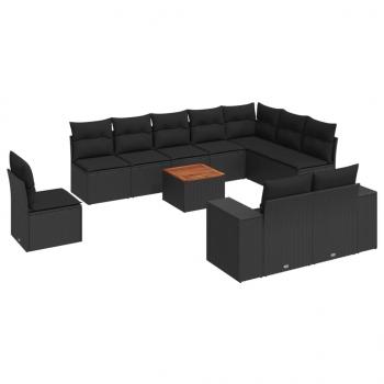 11-tlg. Garten-Sofagarnitur mit Kissen Schwarz Poly Rattan