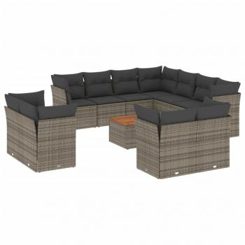 12-tlg. Garten-Sofagarnitur mit Kissen Grau Poly Rattan