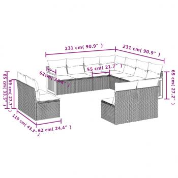 11-tlg. Garten-Sofagarnitur mit Kissen Grau Poly Rattan