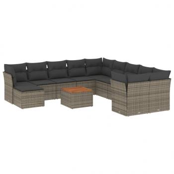 12-tlg. Garten-Sofagarnitur mit Kissen Grau Poly Rattan