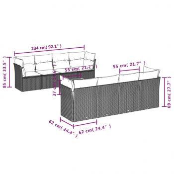 9-tlg. Garten-Sofagarnitur mit Kissen Schwarz Poly Rattan