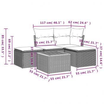 5-tlg. Garten-Sofagarnitur mit Kissen Grau Poly Rattan