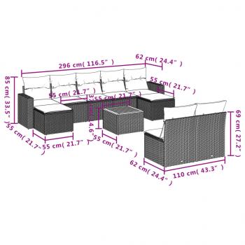 10-tlg. Garten-Sofagarnitur mit Kissen Grau Poly Rattan