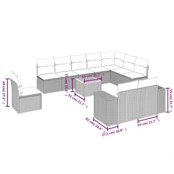 11-tlg. Garten-Sofagarnitur mit Kissen Grau Poly Rattan