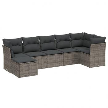 7-tlg. Garten-Sofagarnitur mit Kissen Grau Poly Rattan