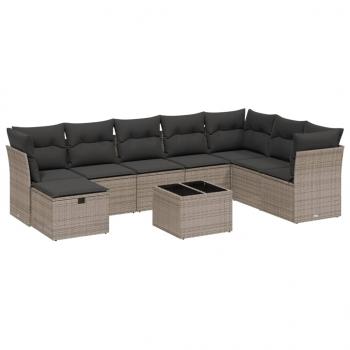 9-tlg. Garten-Sofagarnitur mit Kissen Grau Poly Rattan