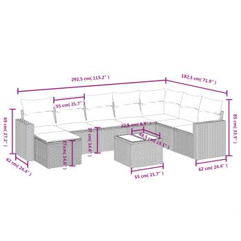 9-tlg. Garten-Sofagarnitur mit Kissen Grau Poly Rattan