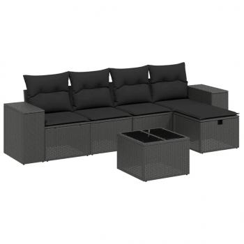 6-tlg. Garten-Sofagarnitur mit Kissen Schwarz Poly Rattan