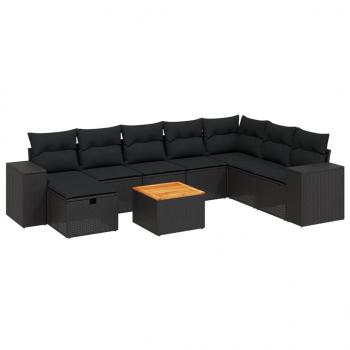 9-tlg. Garten-Sofagarnitur mit Kissen Schwarz Poly Rattan