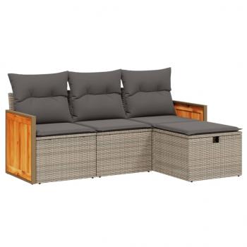 4-tlg. Garten-Sofagarnitur mit Kissen Grau Poly Rattan