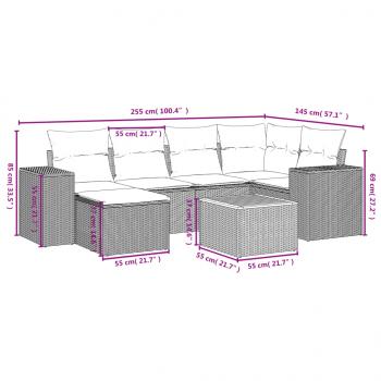 7-tlg. Garten-Sofagarnitur mit Kissen Grau Poly Rattan