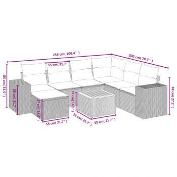 8-tlg. Garten-Sofagarnitur mit Kissen Grau Poly Rattan