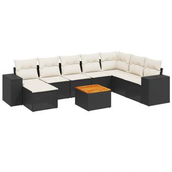 9-tlg. Garten-Sofagarnitur mit Kissen Schwarz Poly Rattan