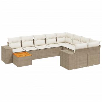 10-tlg. Garten-Sofagarnitur mit Kissen Beige Poly Rattan