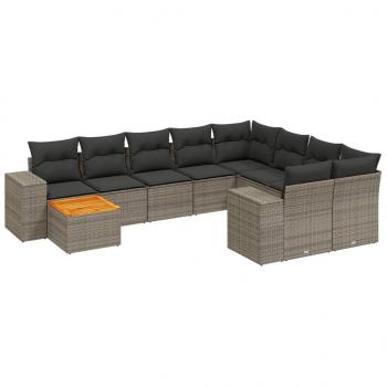 10-tlg. Garten-Sofagarnitur mit Kissen Grau Poly Rattan