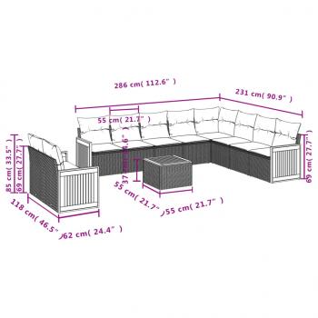 11-tlg. Garten-Sofagarnitur mit Kissen Schwarz Poly Rattan