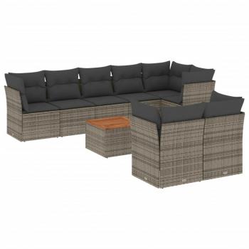 9-tlg. Garten-Sofagarnitur mit Kissen Grau Poly Rattan