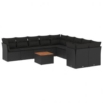 11-tlg. Garten-Sofagarnitur mit Kissen Schwarz Poly Rattan