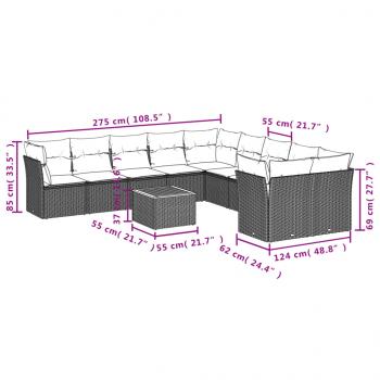 11-tlg. Garten-Sofagarnitur mit Kissen Schwarz Poly Rattan