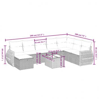 9-tlg. Garten-Sofagarnitur mit Kissen Grau Poly Rattan