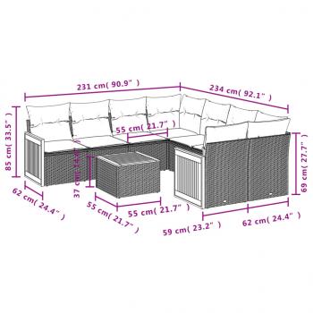 9-tlg. Garten-Sofagarnitur mit Kissen Schwarz Poly Rattan