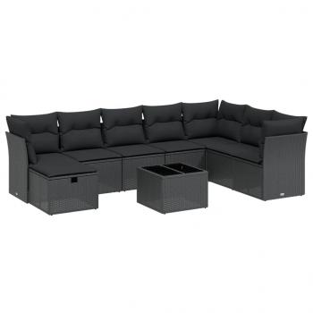 9-tlg. Garten-Sofagarnitur mit Kissen Schwarz Poly Rattan