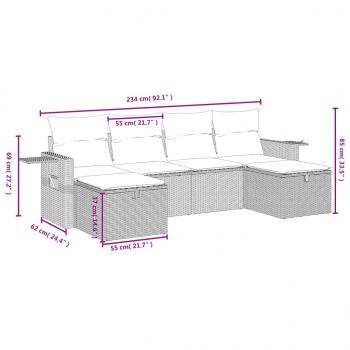 6-tlg. Garten-Sofagarnitur mit Kissen Grau Poly Rattan