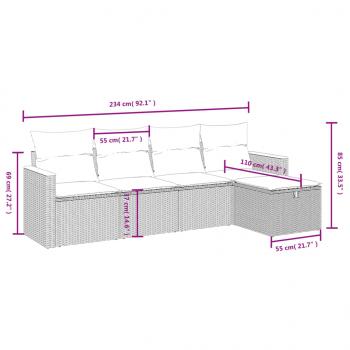 5-tlg. Garten-Sofagarnitur mit Kissen Grau Poly Rattan