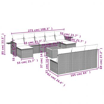 11-tlg. Garten-Sofagarnitur mit Kissen Schwarz Poly Rattan