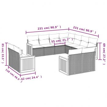 11-tlg. Garten-Sofagarnitur mit Kissen Grau Poly Rattan