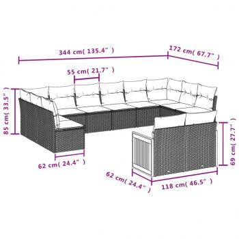 12-tlg. Garten-Sofagarnitur mit Kissen Grau Poly Rattan