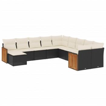 11-tlg. Garten-Sofagarnitur mit Kissen Schwarz Poly Rattan