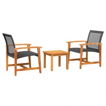 3-tlg. Bistro-Set Schwarz Poly Rattan und Akazienholz